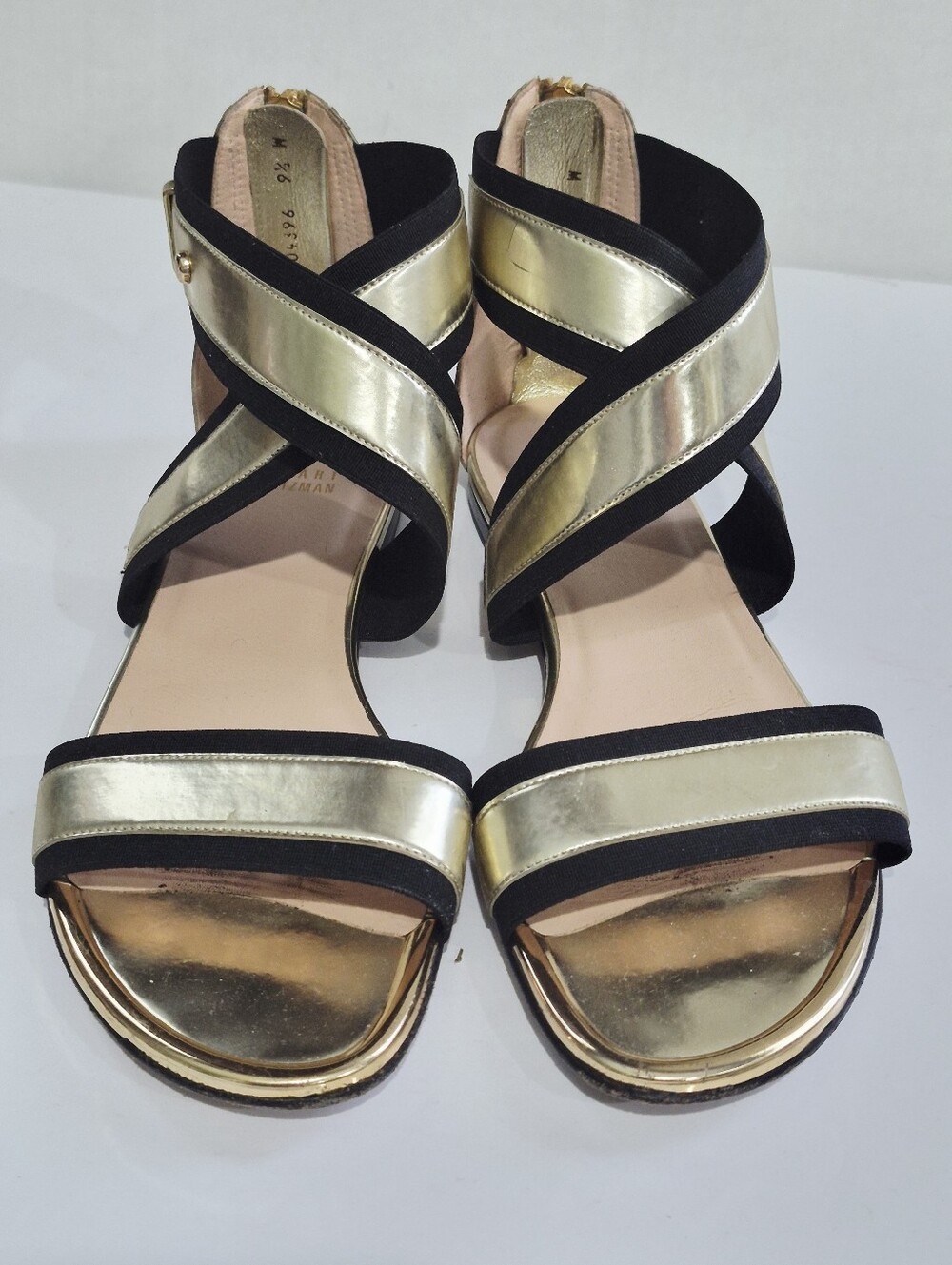 Stuart Weitzman Gold and Black Crisscross Sandals